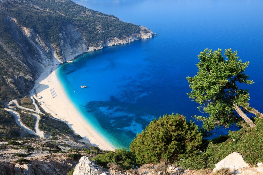 The image shows Myrtos Beach in Kefalonia, featuring a curved shoreline with white sand and turquoise waters, surrounded by steep cliffs and lush greenery.