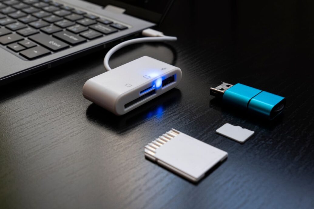 A laptop, a white card reader with a glowing blue light, a USB drive, and memory cards on a black surface.